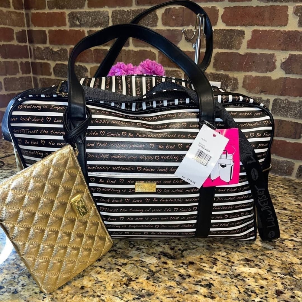 Luv Betsey Johnson Weekender Bag-Stylish Black and White Striped Bag Set